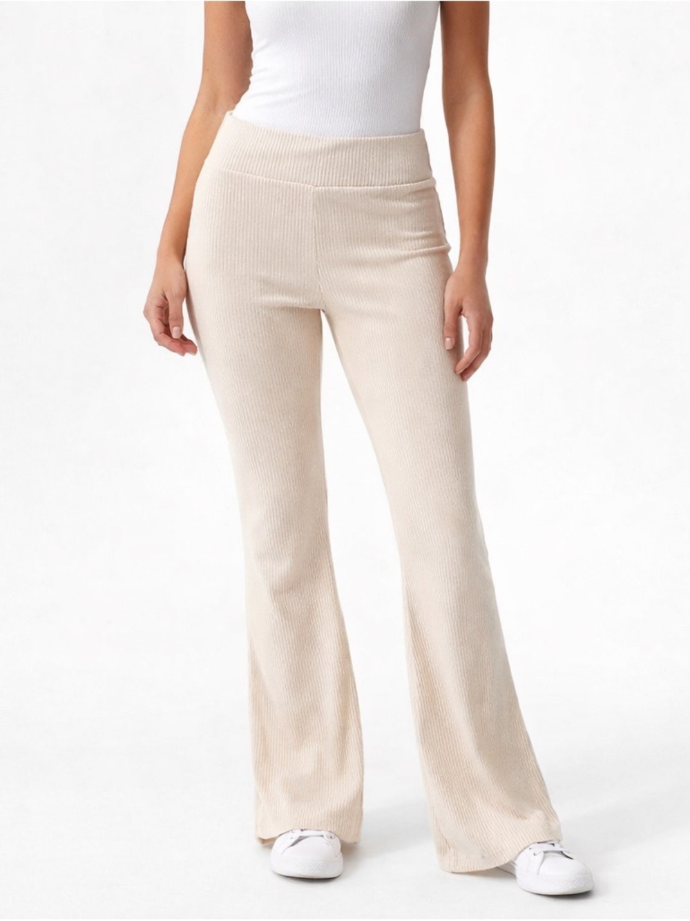 Belle du Jour Ribbed Flare Pants Womens Small‎ Beige Pull On Lounge Stretch